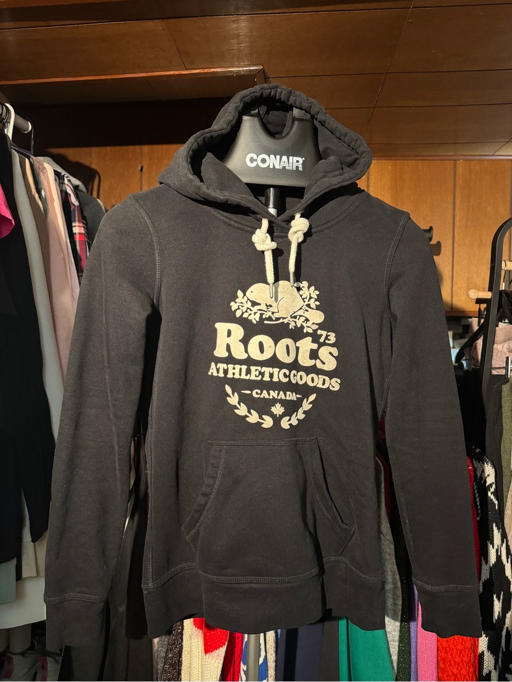 Roots Black Crewneck Hoodie with Cream Logo